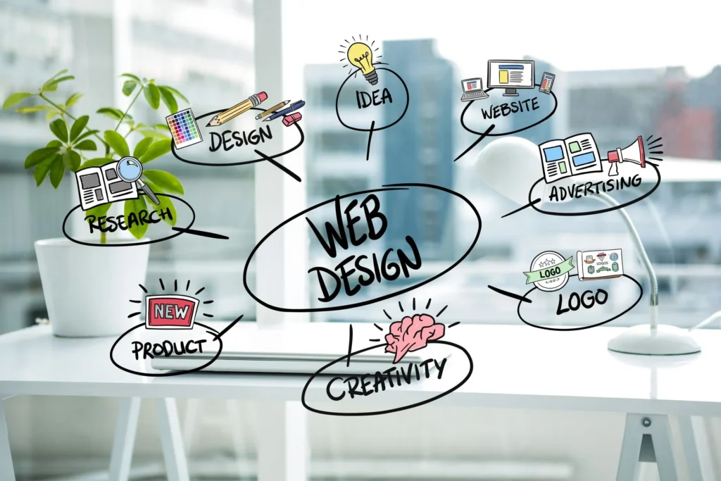 Conceptos de diseño web dibujados sobre una imagen borrosa de una oficina moderna.